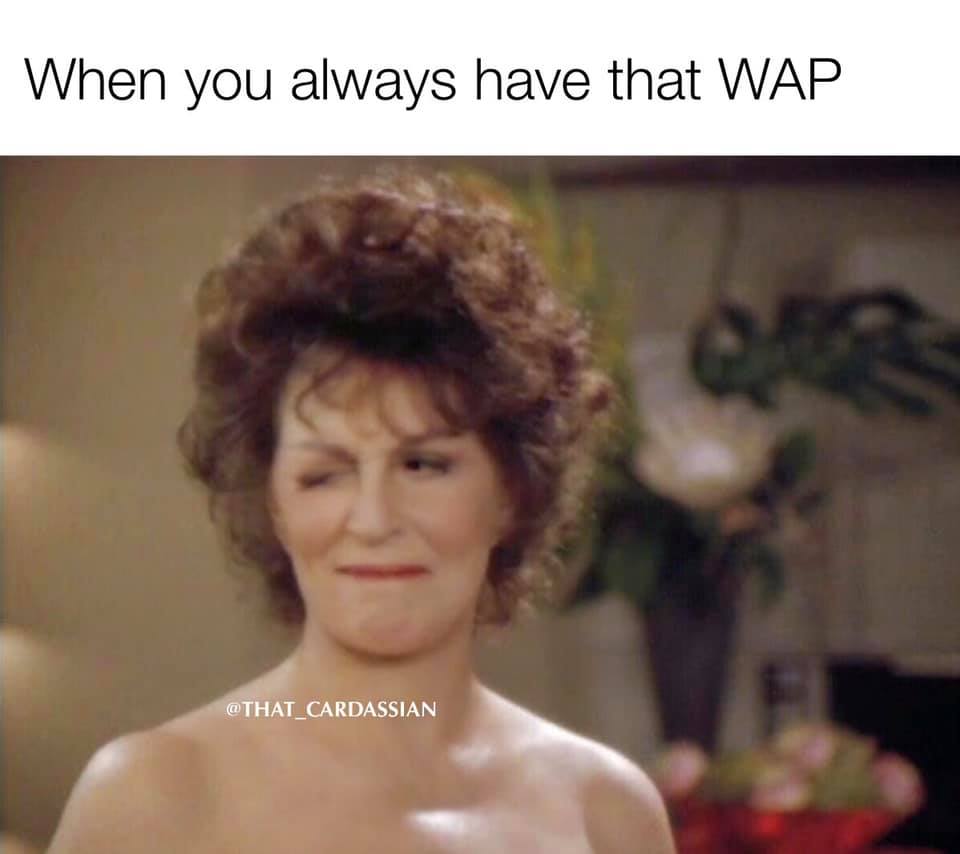 The meme is a still image of a woman from the 1980s sitcom "The Golden Girls" with a shocked expression. The image is captioned "When you always have to explain to your boyfriend that WAP stands for Wet Ass P**ssy, not With All Privileges".